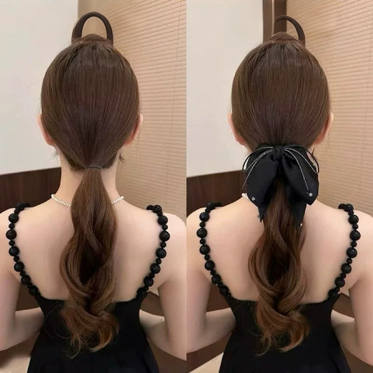 B-0007 Elegant Bow Hair Claw with Sparkling Rhinestone and Flowing Ribbon