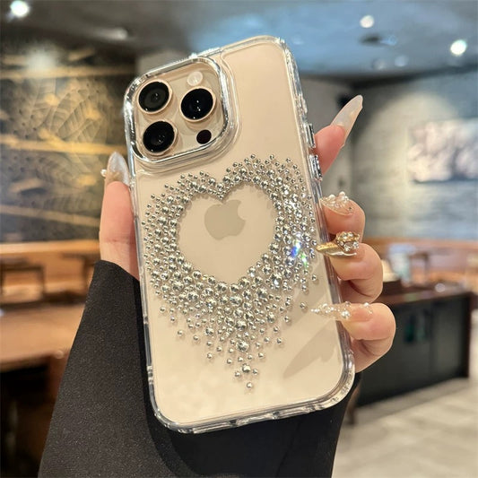 A0032-Diamond Heart Clear Silicone Phone Case for iPhone 16 Pro Max 16 Pro 15 14 13 12 Luxury Slim Full Body Shockproof Cover for Women