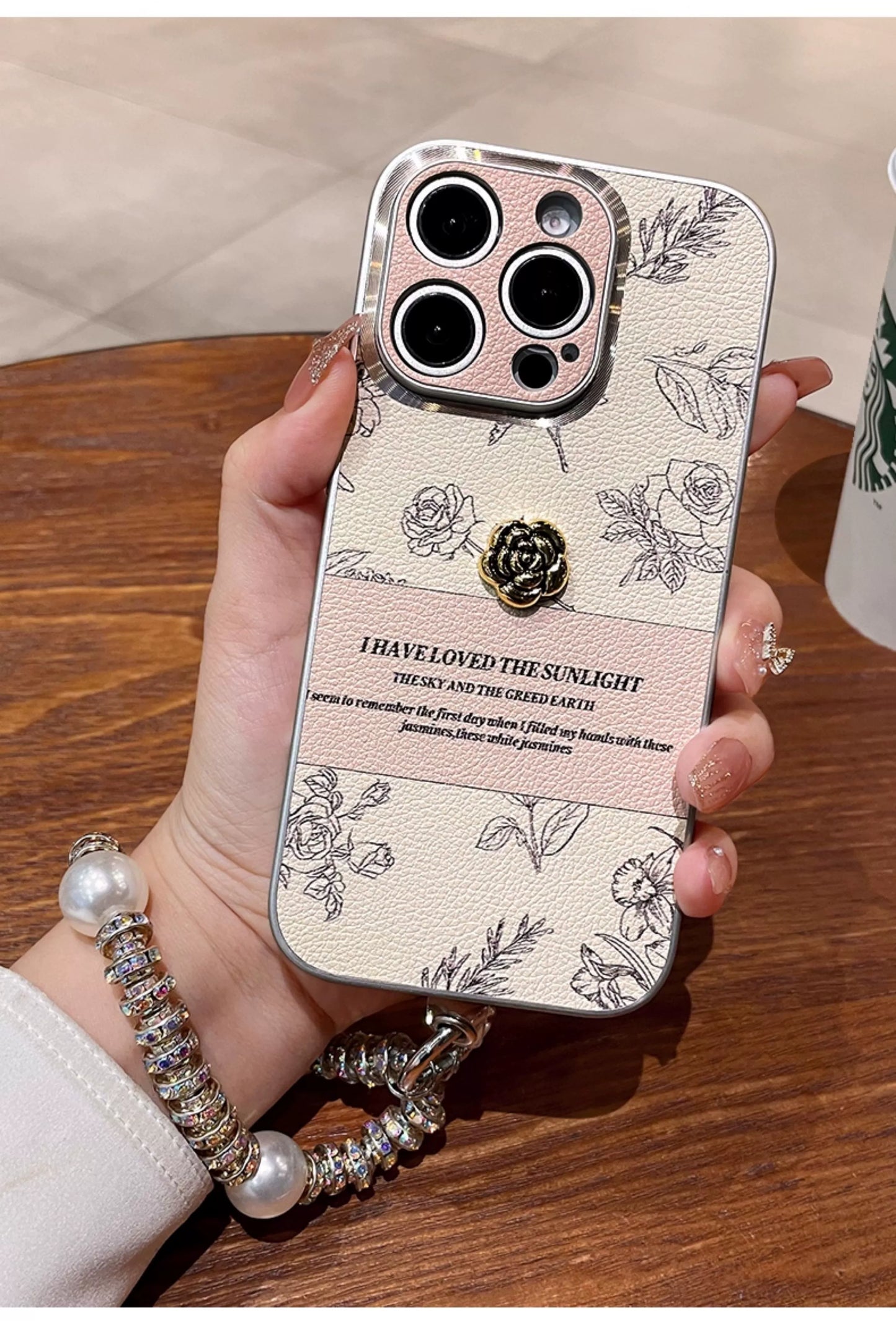 A0006-Sketch Camellia Phone Case with Pearl Rhinestone Chain IPhone Case for iPhone — Compatible with iPhone 17/16/15/14/13 Series (Pro & Pro Max)