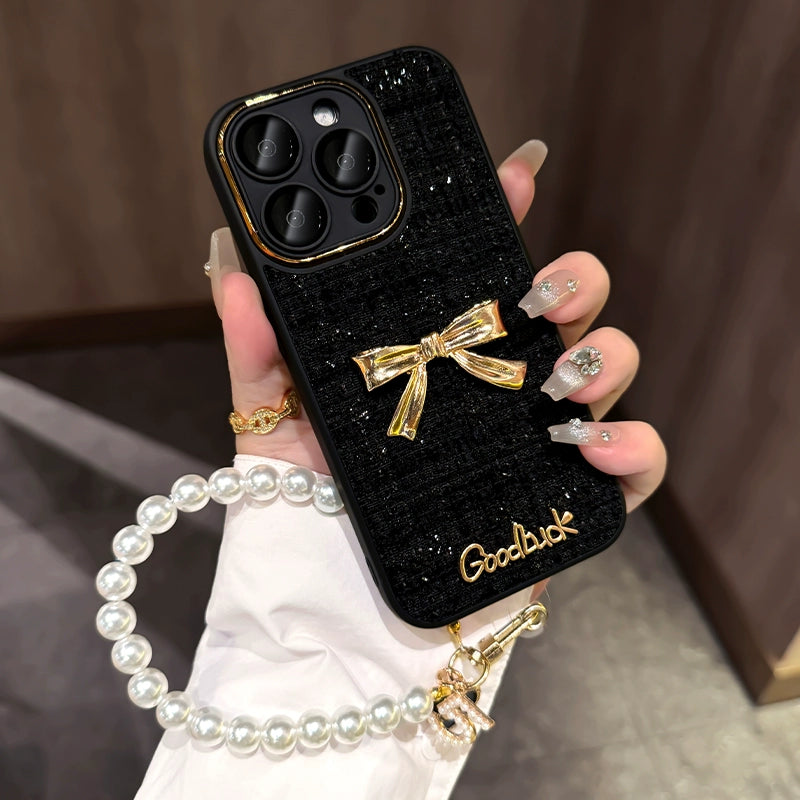 A0002-Good Luck Letter Bear Phone Case with Pearl Phone Chain IPhone Case for iPhone — Compatible with iPhone 17/16/15/14/13 Series (Pro & Pro Max)