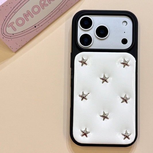 A0019-Luxury Leather Silver Star IPhone Case for iPhone — Compatible with iPhone 17/16/15/14/13 Series (Pro & Pro Max)