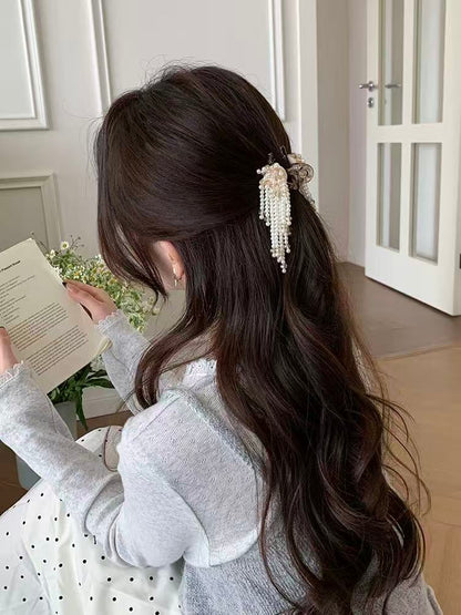 B-0004 Elegant Pearl Tassel-Adorned Hair Clip with Premium Finish