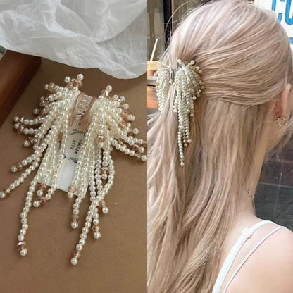 B-0004 Elegant Pearl Tassel-Adorned Hair Clip with Premium Finish