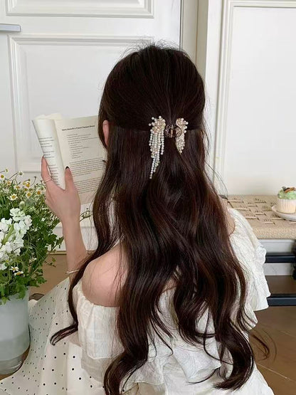 B-0004 Elegant Pearl Tassel-Adorned Hair Clip with Premium Finish