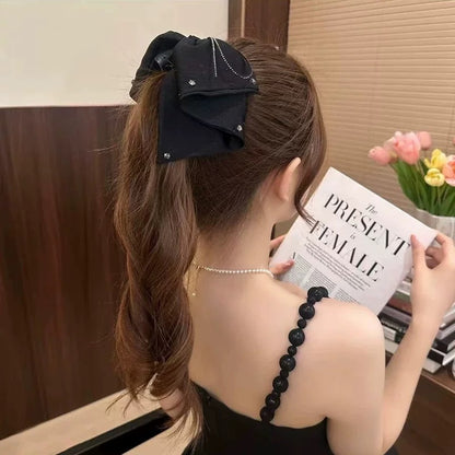 B-0007 Elegant Bow Hair Claw with Sparkling Rhinestone and Flowing Ribbon