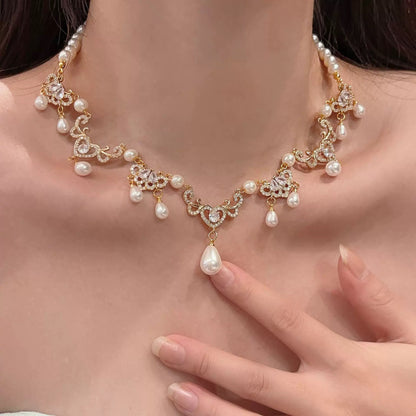 D-0002 Elegant French - Inspired Waterdrop Pearl Necklace with Vintage Charm