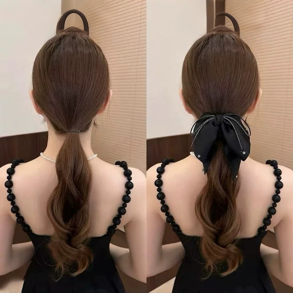 B-0007 Elegant Bow Hair Claw with Sparkling Rhinestone and Flowing Ribbon