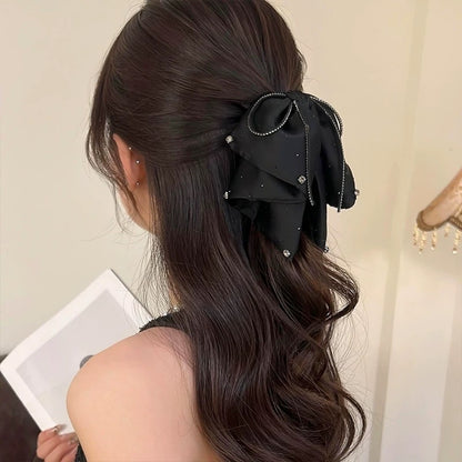B-0007 Elegant Bow Hair Claw with Sparkling Rhinestone and Flowing Ribbon