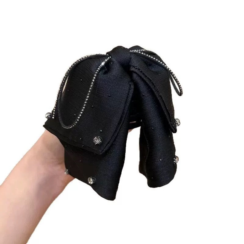 B-0007 Elegant Bow Hair Claw with Sparkling Rhinestone and Flowing Ribbon