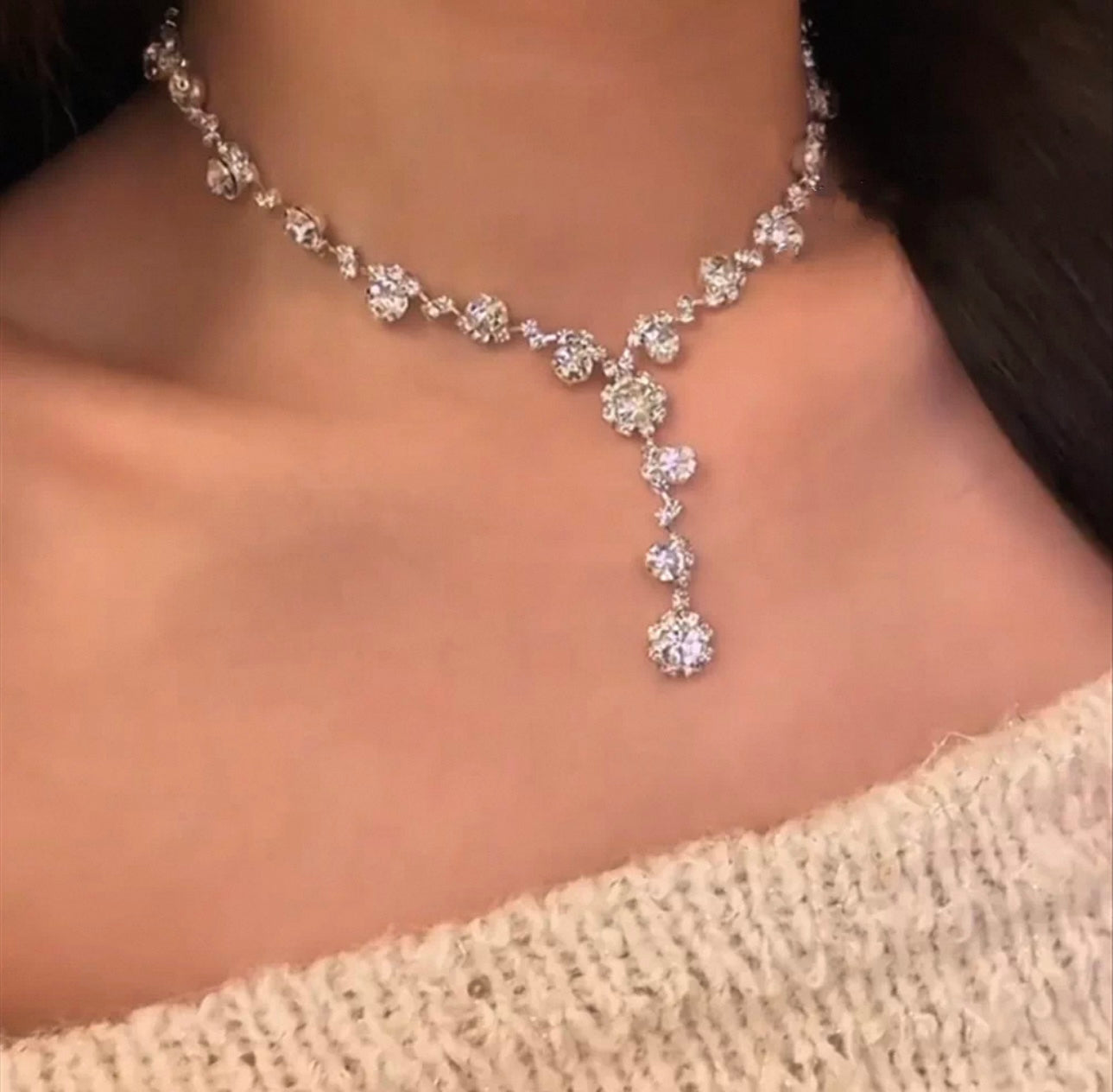 D-0001 Elegant French - Inspired Y - Necklace with Exquisite Zircon Embellishments