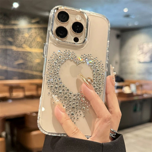 A0032-Diamond Heart Clear Silicone Phone Case for iPhone 16 Pro Max 16 Pro 15 14 13 12 Luxury Slim Full Body Shockproof Cover for Women