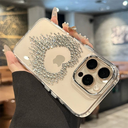 A0032-Diamond Heart Clear Silicone Phone Case for iPhone 16 Pro Max 16 Pro 15 14 13 12 Luxury Slim Full Body Shockproof Cover for Women