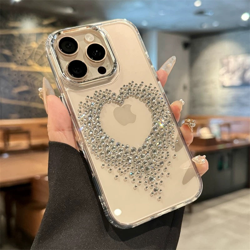 A0032-Diamond Heart Clear Silicone Phone Case for iPhone 16 Pro Max 16 Pro 15 14 13 12 Luxury Slim Full Body Shockproof Cover for Women