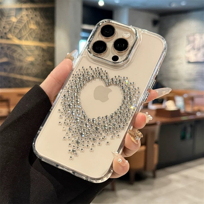 A0032-Diamond Heart Clear Silicone Phone Case for iPhone 16 Pro Max 16 Pro 15 14 13 12 Luxury Slim Full Body Shockproof Cover for Women