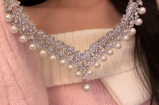 D-0004 Pearl Necklace with Micro Diamond Sparkle | Elegant Everyday Luxury Jewelry