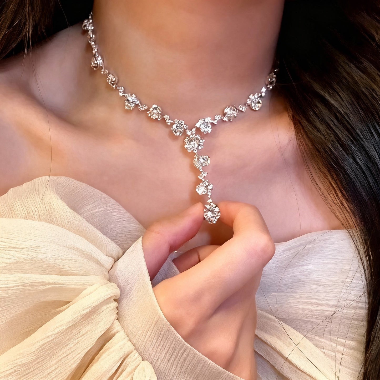 D-0001 Elegant French - Inspired Y - Necklace with Exquisite Zircon Embellishments