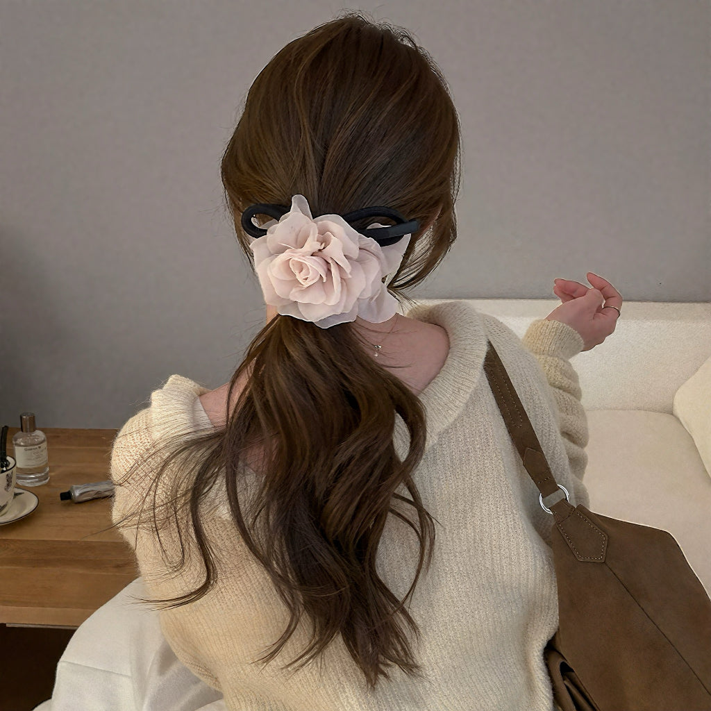 C-0003 Elegant Mesh Rose Bow - Adorned Hair Scrunchie for Women