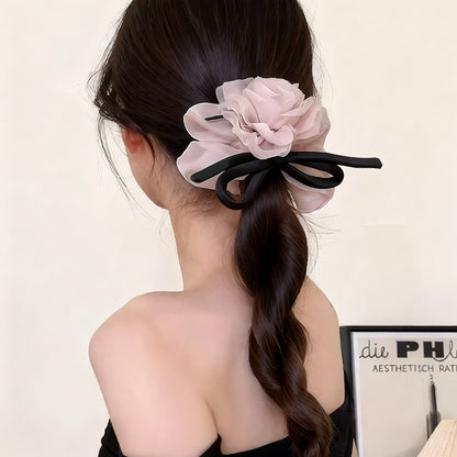 C-0003 Elegant Mesh Rose Bow - Adorned Hair Scrunchie for Women