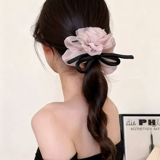C-0003 Elegant Mesh Rose Bow - Adorned Hair Scrunchie for Women