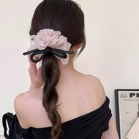 C-0003 Elegant Mesh Rose Bow - Adorned Hair Scrunchie for Women