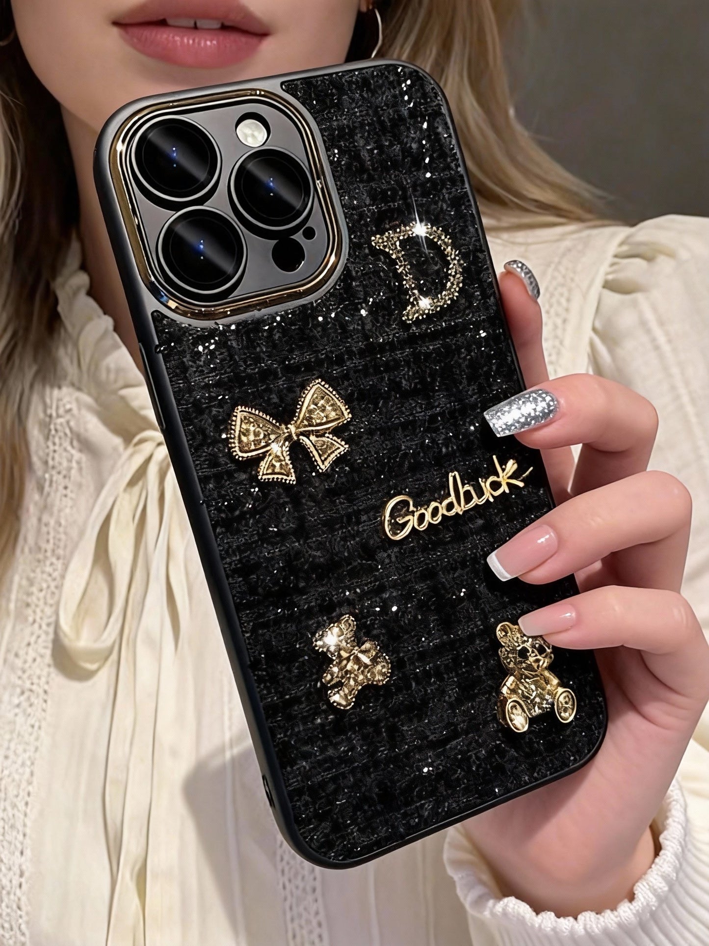 A0003-Good Luck Letter Bow Phone Case with Pearl Phone Chain IPhone Case for iPhone — Compatible with iPhone 17/16/15/14/13 Series (Pro & Pro Max)