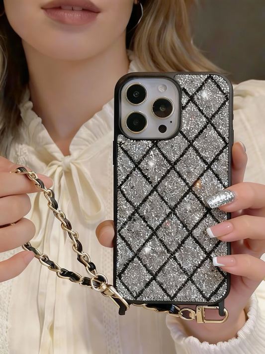 A0009-Rhinestone Quilted Phone Case with Phone Chain IPhone Case for iPhone — Compatible with iPhone 17/16/15/14/13 Series (Pro & Pro Max)