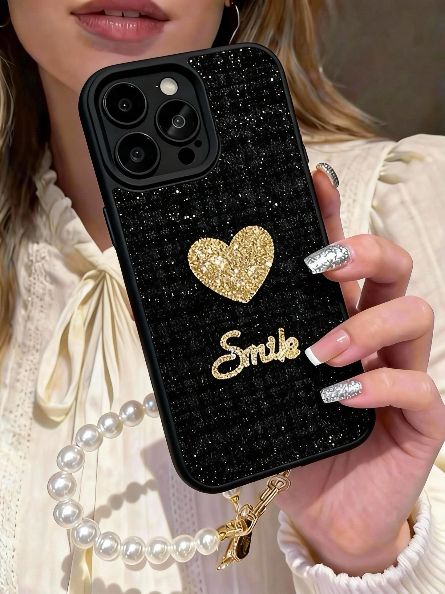 A0005-Heart Rhinestone Phone Case with Pearl Phone Chain IPhone Case for iPhone — Compatible with iPhone 17/16/15/14/13 Series (Pro & Pro Max)