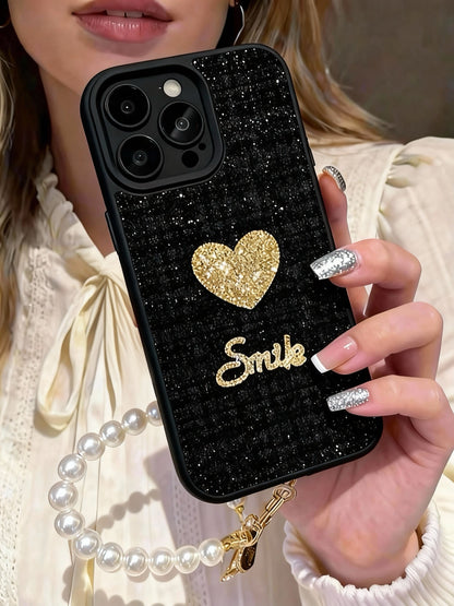 A0005-Heart Rhinestone Phone Case with Pearl Phone Chain IPhone Case for iPhone — Compatible with iPhone 17/16/15/14/13 Series (Pro & Pro Max)