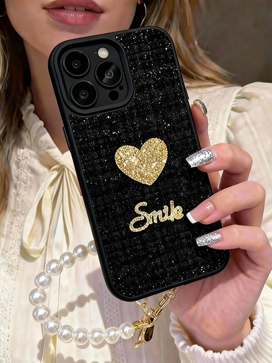 A0005-Heart Rhinestone Phone Case with Pearl Phone Chain IPhone Case for iPhone — Compatible with iPhone 17/16/15/14/13 Series (Pro & Pro Max)