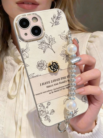 A0006-Sketch Camellia Phone Case with Pearl Rhinestone Chain IPhone Case for iPhone — Compatible with iPhone 17/16/15/14/13 Series (Pro & Pro Max)