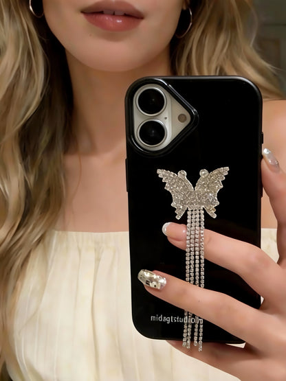 A0013-Rhinestone Tassel Butterfly Soft Case IPhone Case for iPhone — Compatible with iPhone 17/16/15/14/13 Series (Pro & Pro Max)