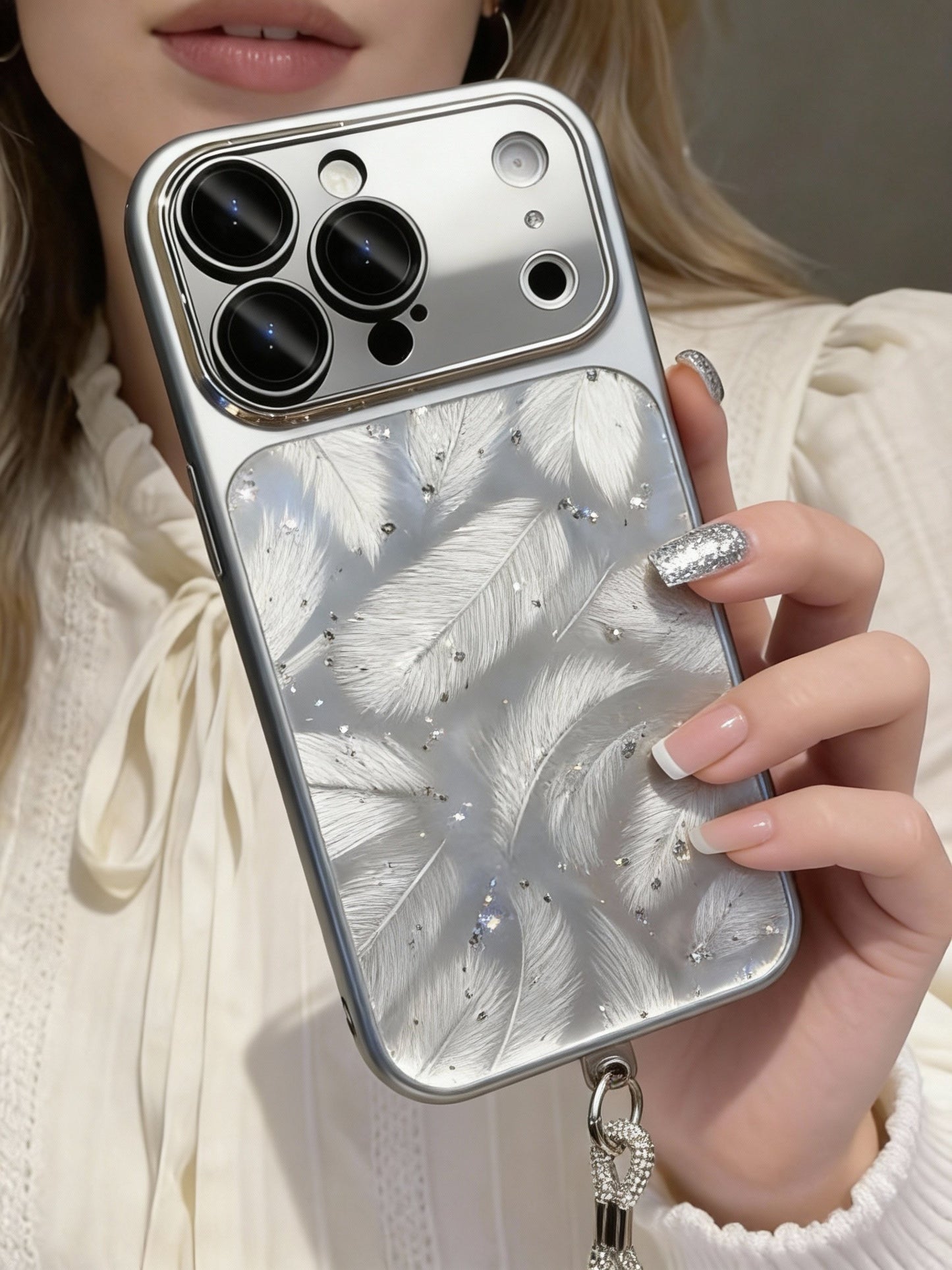A0025-Luxury Glitter Silver Feather Design IPhone Case for iPhone — Compatible with iPhone 17/16/15/14/13 Series (Pro & Pro Max)