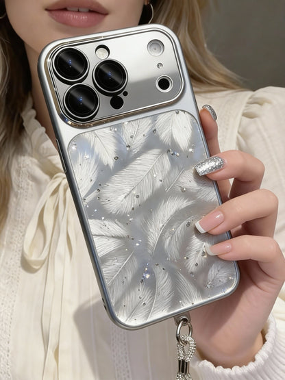 A0025-Luxury Glitter Silver Feather Design IPhone Case for iPhone — Compatible with iPhone 17/16/15/14/13 Series (Pro & Pro Max)