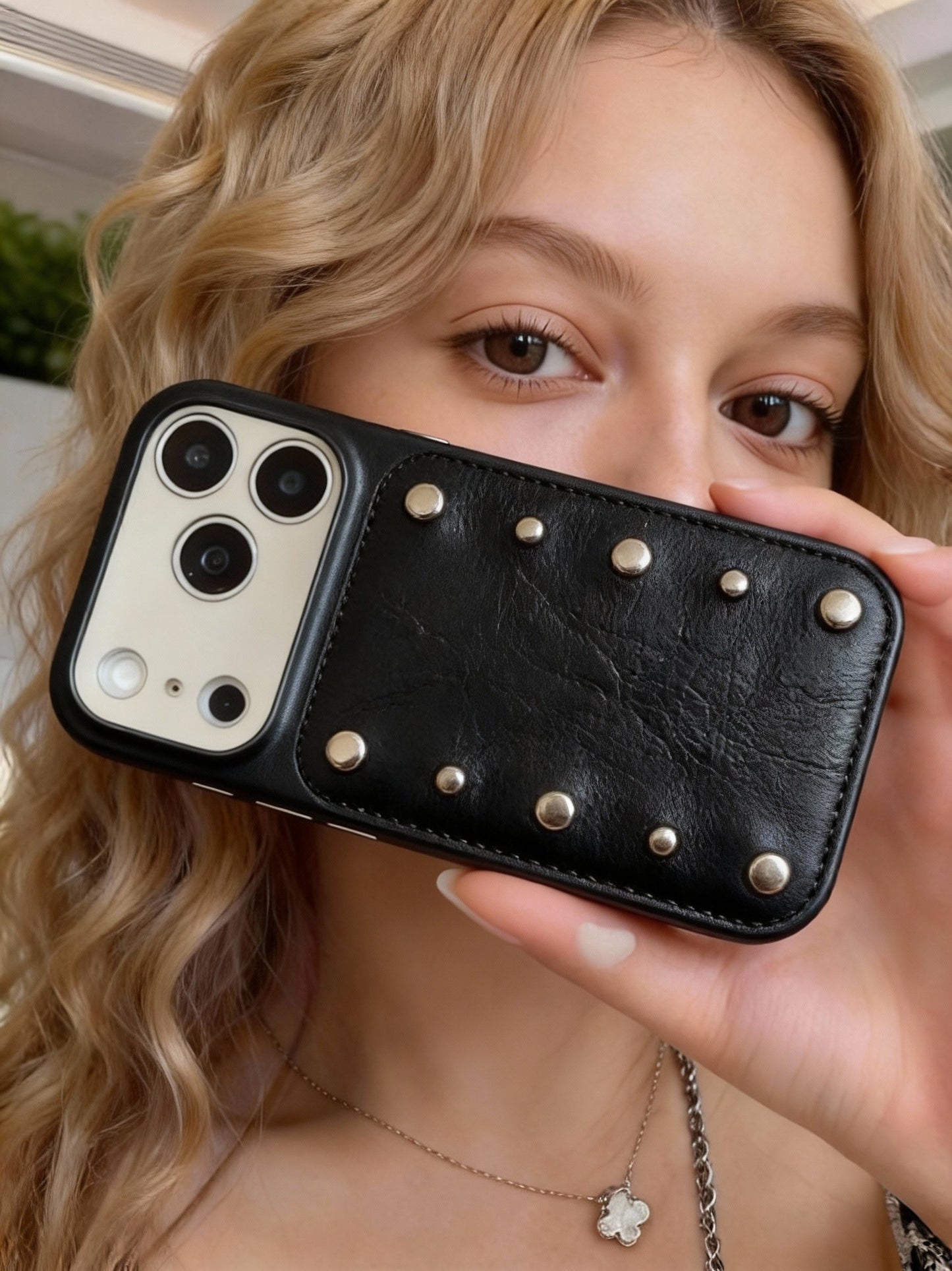 A0024-Rivet Leather Phone Case with Lanyard IPhone Case for iPhone — Compatible with iPhone 17/16/15/14/13 Series (Pro & Pro Max)