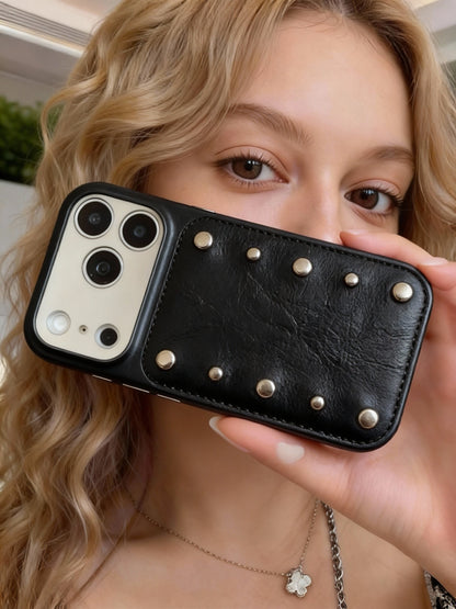 A0024-Rivet Leather Phone Case with Lanyard IPhone Case for iPhone — Compatible with iPhone 17/16/15/14/13 Series (Pro & Pro Max)