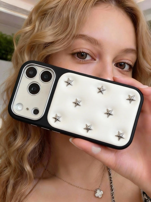 A0019-Luxury Leather Silver Star IPhone Case for iPhone — Compatible with iPhone 17/16/15/14/13 Series (Pro & Pro Max)