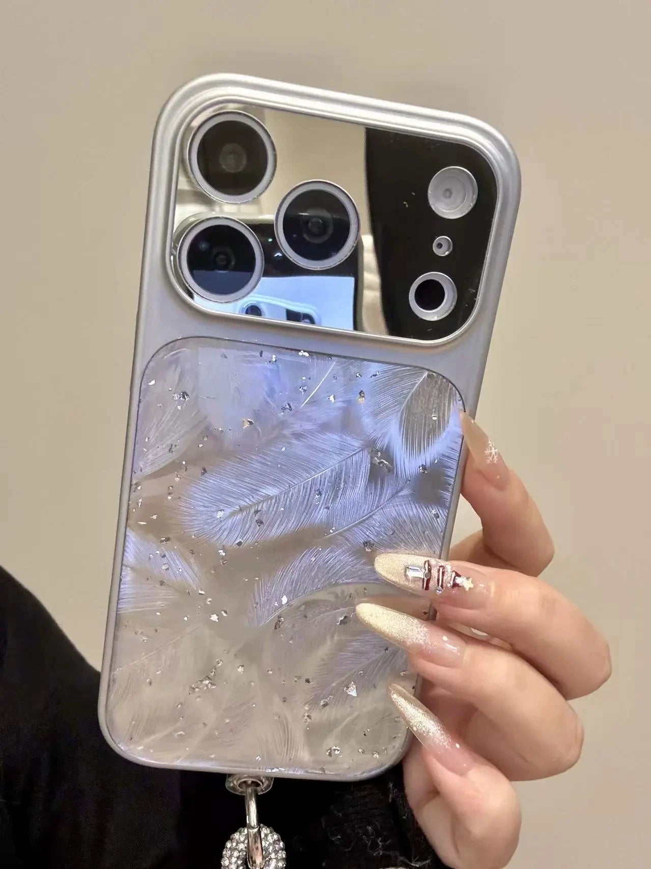 A0025-Luxury Glitter Silver Feather Design IPhone Case for iPhone — Compatible with iPhone 17/16/15/14/13 Series (Pro & Pro Max)