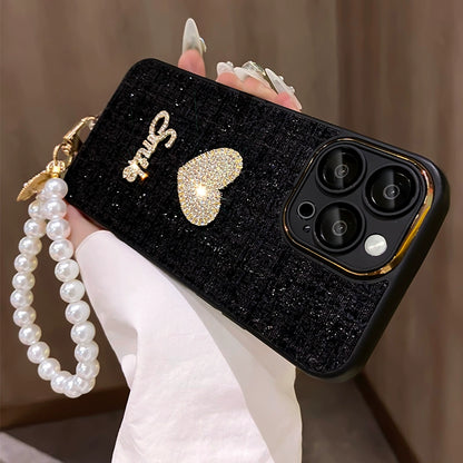 A0005-Heart Rhinestone Phone Case with Pearl Phone Chain IPhone Case for iPhone — Compatible with iPhone 17/16/15/14/13 Series (Pro & Pro Max)