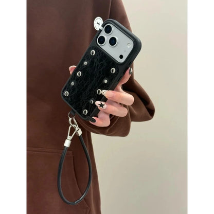 A0024-Rivet Leather Phone Case with Lanyard IPhone Case for iPhone — Compatible with iPhone 17/16/15/14/13 Series (Pro & Pro Max)