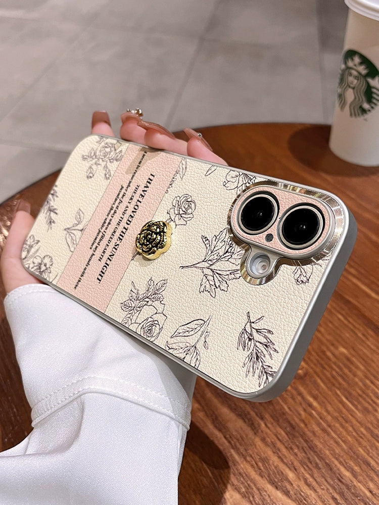 A0006-Sketch Camellia Phone Case with Pearl Rhinestone Chain IPhone Case for iPhone — Compatible with iPhone 17/16/15/14/13 Series (Pro & Pro Max)