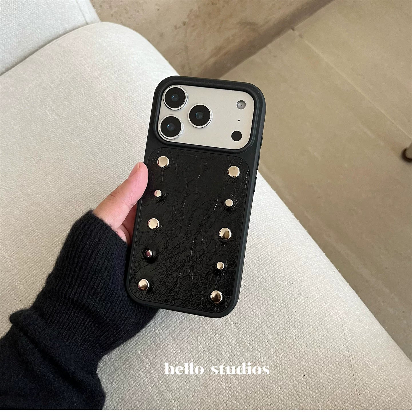 A0024-Rivet Leather Phone Case with Lanyard IPhone Case for iPhone — Compatible with iPhone 17/16/15/14/13 Series (Pro & Pro Max)