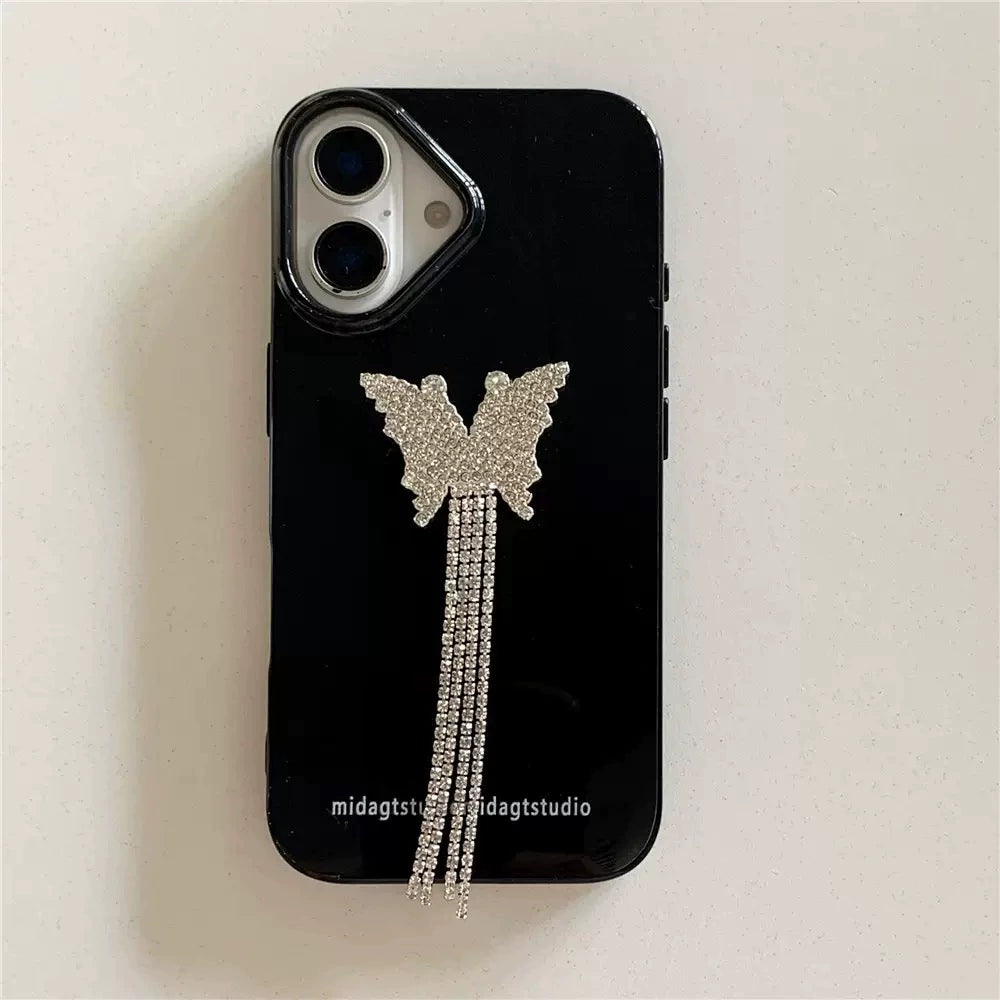 A0013-Rhinestone Tassel Butterfly Soft Case IPhone Case for iPhone — Compatible with iPhone 17/16/15/14/13 Series (Pro & Pro Max)