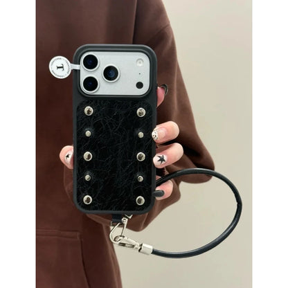 A0024-Rivet Leather Phone Case with Lanyard IPhone Case for iPhone — Compatible with iPhone 17/16/15/14/13 Series (Pro & Pro Max)