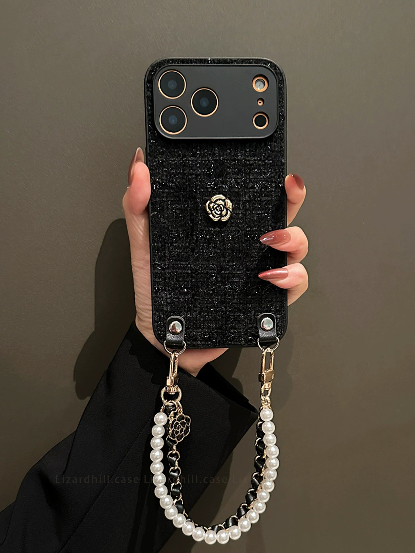 A0007-Black Camellia Phone Case with Pearl Rhinestone Chain IPhone Case for iPhone — Compatible with iPhone 17/16/15/14/13 Series (Pro & Pro Max)