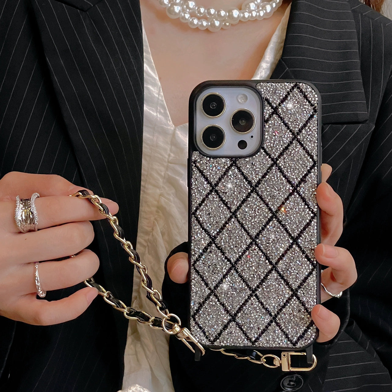 A0009-Rhinestone Quilted Phone Case with Phone Chain IPhone Case for iPhone — Compatible with iPhone 17/16/15/14/13 Series (Pro & Pro Max)