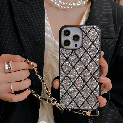 A0009-Rhinestone Quilted Phone Case with Phone Chain IPhone Case for iPhone — Compatible with iPhone 17/16/15/14/13 Series (Pro & Pro Max)