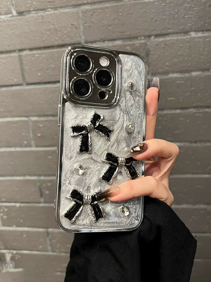 A0014-Luxury 3D Black Bow with Rhinestones IPhone Case for iPhone — Compatible with iPhone 17/16/15/14/13 Series (Pro & Pro Max)