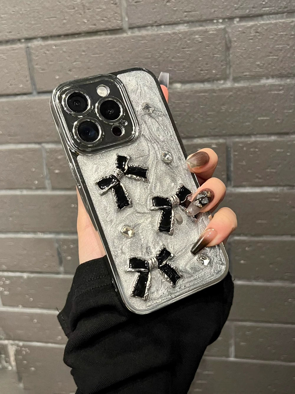 A0014-Luxury 3D Black Bow with Rhinestones IPhone Case for iPhone — Compatible with iPhone 17/16/15/14/13 Series (Pro & Pro Max)
