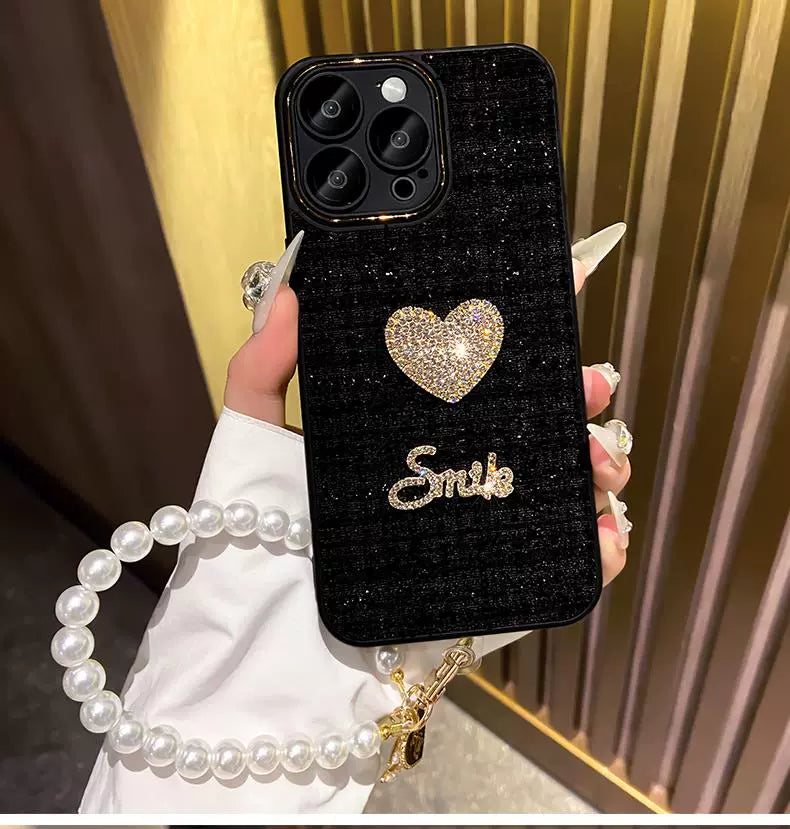 A0005-Heart Rhinestone Phone Case with Pearl Phone Chain IPhone Case for iPhone — Compatible with iPhone 17/16/15/14/13 Series (Pro & Pro Max)