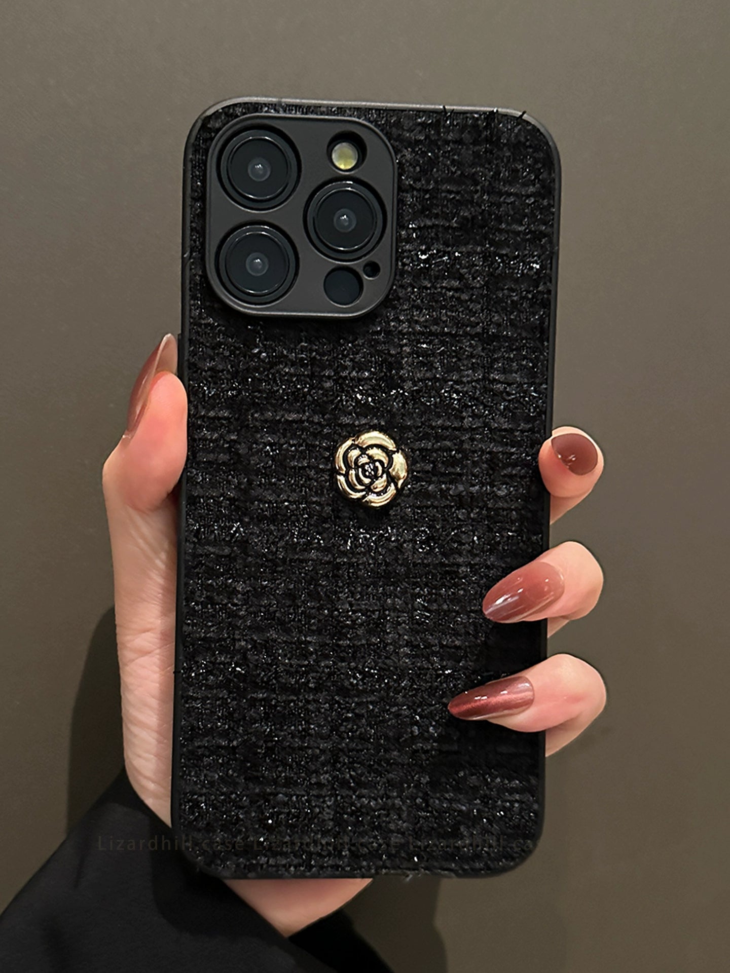 A0007-Black Camellia Phone Case with Pearl Rhinestone Chain IPhone Case for iPhone — Compatible with iPhone 17/16/15/14/13 Series (Pro & Pro Max)